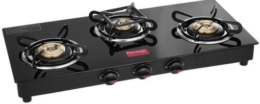 Prestige Magic plus Toughened Glass-Top 3 Brass Burner LPG Gas Stove(GTMP-03) | Black Spill Proof Design | Ergonomic Knob | Tri-Pin Burner